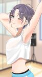  0923_azu 1girl ;) ahoge armpits arms_up asakura_toru blurry blurry_background blush breasts cropped_shirt earrings from_side highres idolmaster idolmaster_shiny_colors indoors jewelry looking_at_viewer medium_breasts midriff mirror navel one_eye_closed pants purple_hair shirt short_hair smile solo stomach sweat track_pants white_shirt 