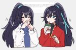  2boys black_hair blue_ribbon blue_shirt cookie cup disposable_cup drinking dual_persona food hair_ribbon half_updo hand_up holding holding_cup holding_food hong_lu_(project_moon) jacket limbus_company long_hair long_sleeves multiple_boys project_moon red_jacket ribbon shiki_(shikki46) shirt simple_background teacup translation_request upper_body very_long_hair white_background white_jacket 