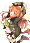  1girl animal_ears arms_up bomber_jacket breasts dog_tags hair_between_eyes hair_ornament highres horse_ears horse_girl horse_tail jacket looking_at_viewer maronie. mayano_top_gun_(umamusume) midriff open_mouth orange_eyes orange_hair petals shoes shorts simple_background small_breasts solo tail thighhighs twitter_username umamusume v white_background yellow_eyes 
