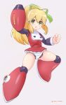  1girl absurdres android arm_cannon blonde_hair blush bow breasts commentary_request dress fighting_stance green_bow green_eyes high_ponytail highres joints looking_at_viewer mechanical_arms mechanical_parts mega_man_(classic) mega_man_(series) microskirt nervous panties rasen_manga red_dress red_footwear robot_girl robot_joints roll_(mega_man) sidelocks signature skirt solo underwear weapon white_panties 