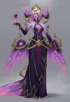  1girl alternate_costume ball black_dress black_sclera blonde_hair breasts cleavage collin_ha colored_sclera colored_skin cowboy_shot dark_cosmic_(league_of_legends) dress grey_background hand_up highres holding holding_ball league_of_legends magic morgana_(league_of_legends) multicolored_hair orange_eyes parted_bangs pink_hair pink_skin purple_dress shiny_skin simple_background solo two-tone_hair wings 