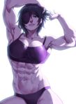  1girl abs alternate_muscle_size arms_behind_head arms_up az_ciam black_background black_hair breasts chainsaw_man eyepatch greyscale highres himeno_(chainsaw_man) large_breasts looking_at_viewer monochrome muscular muscular_female panties short_hair solo tank_top underwear 
