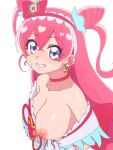  1girl bare_shoulders blush bow breasts choker cure_precious delicious_party_precure dress hair_bow hairband himokawa_udon large_breasts long_hair looking_at_viewer magical_girl nagomi_yui nipples one_breast_out pink_hair precure purple_eyes simple_background smile solo upper_body white_background 