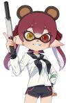  1girl artist_name black_shorts brown_hairband commentary_request cowboy_shot eyelashes gun hairband hand_on_own_hip heterochromia highres holding holding_gun holding_weapon hololive houshou_marine inkling inkling_girl long_hair looking_at_viewer minato_yodaka n-zap_(splatoon) pointy_ears red_eyes red_hair red_trim sailor_collar sailor_shirt shirt shorts simple_background smile splatoon_(series) splatoon_3 teeth tentacle_hair twitter_username weapon white_background yellow_eyes 