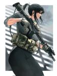  1girl ammunition_pouch ar-15 black_eyes black_hair earphones flashlight gun highres looking_to_the_side maxturbo69 optical_sight original pants ponytail pouch rifle short_sleeves smile solo walkie-talkie weapon 