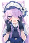 1girl animal_ear_fluff animal_ears black_gloves blue_vest blush commentary_request fangs gloves hair_over_one_eye hands_up highres long_hair looking_at_viewer nibiiro_shizuka open_mouth original puffy_short_sleeves puffy_sleeves purple_eyes purple_hair shirt short_sleeves simple_background solo stitches sweat very_long_hair vest white_background white_shirt 