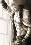  1boy abs against_window bara brown_theme chiseled_face coat cowboy_shot denim epaulettes facial_hair jeans kokorozashi large_pectorals looking_at_viewer looking_to_the_side male_focus mature_male medium_sideburns muscular muscular_male navel one_piece pants pectoral_cleavage pectorals scar scar_on_face scar_on_forehead short_hair sideburns_stubble smoker_(one_piece) solo sparse_stubble stitches stomach stubble tsurime 