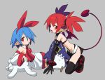  2girls ascot black_thighhighs blue_hair bow coupon_(skyth) demon_girl demon_tail demon_wings detached_collar disgaea etna_(disgaea) fang flat_chest full_body grey_background hair_bow kneeling looking_at_viewer multiple_girls open_mouth original pleinair pointy_ears prinny red_eyes red_hair short_twintails simple_background smile tail thighhighs twintails wings 