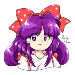  1girl 2023 bow closed_mouth dated eyes_visible_through_hair hair_bow hair_tubes hakurei_reimu hakurei_reimu_(pc-98) long_hair nonamejd official_style parted_bangs polka_dot polka_dot_bow purple_hair red_bow simple_background smile solo touhou touhou_(pc-98) upper_body white_background zun_(style) 