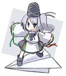  blue_eyes grey_hair hat japanese_clothes kariginu kugelschreiber mononobe_no_futo open_mouth paper_airplane pom_pom_(clothes) ponytail side_ponytail solo tate_eboshi touhou 