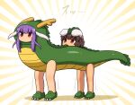  2girls animal_costume animal_ears brown_hair commentary_request dragon_costume emphasis_lines floppy_ears full_body inaba_tewi long_hair medium_bangs multiple_girls no_mouth purple_hair rabbit_ears rabbit_girl red_eyes reisen_udongein_inaba shirosato short_hair standing touhou 