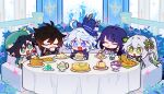  +_+ 2boys 3girls absurdres ahoge almond_tofu_(genshin_impact) beret black_hair blue_eyes blue_hair blue_headwear brown_hair cake chibi closed_eyes commentary_request conch_madelaine_(genshin_impact) cross-shaped_pupils cup dango dango_milk_(genshin_impact) food furina_(genshin_impact) genshin_impact green_eyes green_hair green_headwear hair_ornament hat heterochromia highres holding holding_cup light_blue_hair long_hair multicolored_hair multiple_boys multiple_girls nahida_(genshin_impact) open_mouth padisarah_pudding ponytail purple_hair raiden_shogun sanshoku_dango second-party_source shigetake_(buroira) short_hair symbol-shaped_pupils tea_break_pancake_(genshin_impact) top_hat two-tone_hair venti_(genshin_impact) wagashi white_hair zhongli_(genshin_impact) 