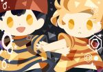  2boys backpack bag black_background black_hair blonde_hair casting_spell closed_mouth hitofutarai lucas_(mother_3) male_focus midriff mother_(game) mother_2 mother_3 multiple_boys ness_(mother_2) red_headwear shirt sideways_hat striped_clothes striped_shirt yellow_eyes 