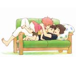  2girls barefoot black_hair bloomers brown_hair capri_pants couch family feet gake_no_ue_no_ponyo hug jas lisa_(ponyo) lying lying_on_person mother_and_son multiple_girls on_stomach one_eye_closed pants pillow ponyo red_hair short_hair simple_background smile soles sousuke_(ponyo) underwear white_background 