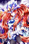  1girl armor belt breasts dated detached_sleeves dragon_wings duel_monster emilia_(yu-gi-oh!) headgear highres long_hair looking_at_viewer nekroz_of_gungnir red_eyes red_hair sato_(yuki0634) solo staff very_long_hair wings yu-gi-oh! 