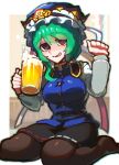  1girl alcohol asymmetrical_hair beer beer_mug black_eyes black_pantyhose black_skirt blue_headwear blue_vest blush breasts buttons chromatic_aberration commentary_request cup drunk epaulettes frilled_hat frills full_body green_hair hair_between_eyes hat highres holding holding_cup iganashi1 large_breasts long_sleeves looking_at_viewer medium_bangs medium_hair mug no_shoes nose_blush open_mouth pantyhose ribbon-trimmed_skirt ribbon_trim shiki_eiki shirt sitting skirt smile solo touhou vest wariza white_shirt 