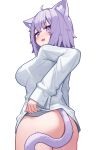  1girl animal_ears ass breasts cat_ears cat_girl cat_tail deaver dress_shirt highres hololive large_breasts looking_at_viewer looking_back naked_shirt nekomata_okayu purple_eyes purple_hair shirt short_hair simple_background solo tail virtual_youtuber white_background 