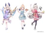  3girls aloupeep_(enna_alouette) apron black_pantyhose blonde_hair blue_apron blue_eyes braid clothing_cutout dress enna_alouette ethyria food gradient_hair grey_hair head_wings high_ponytail holding holding_food holding_pan long_hair lucie_(millie_parfait) mechanical_wings millie_parfait multicolored_hair multiple_girls nijisanji nijisanji_en official_art pantyhose pink_eyes plate poppi_(reimu_endou) purple_apron purple_eyes purple_wings red_apron red_dress red_nails reimu_endou sample_watermark short_hair shoulder_cutout simple_background single_braid smile socks standing standing_on_one_leg sweater sweater_dress very_long_hair watermark white_background white_dress white_socks wings yukiyama_momo 