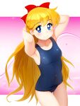  1girl aino_minako arms_behind_head bishoujo_senshi_sailor_moon blonde_hair blue_eyes blue_one-piece_swimsuit bow bowtie breasts cowboy_shot hair_bow half_updo highres looking_at_viewer neopure old_school_swimsuit one-piece_swimsuit red_bow red_bowtie school_swimsuit small_breasts smile solo swimsuit thigh_gap 