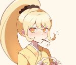  1girl blush brown_scrunchie danganronpa_(series) danganronpa_2:_goodbye_despair flying_sweatdrops food food_in_mouth grey_background hair_ornament hair_scrunchie highres index_fingers_together japanese_clothes kimono looking_at_viewer orange_eyes orange_kimono pocky pocky_in_mouth ponytail saionji_hiyoko scrunchie simple_background solo todoroki_gk2 upper_body 