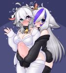  2girls ahoge animal_ears bell blue_eyes blue_hair blush breasts collar cow_ears cow_girl cow_horns cowboy_shot ear_tag english_commentary futa_with_female futanari glasses grey_hair hair_between_eyes hair_over_one_eye heart heart-shaped_pupils heterochromia highres horns hug hug_from_behind huge_penis large_insertion limebreaker long_hair long_sleeves looking_at_viewer medium_breasts medium_hair mole mole_under_eye mole_under_mouth multiple_girls navel neck_bell original penis purple_eyes sex sex_from_behind smile standing standing_sex stomach_bulge sweat sweater symbol-shaped_pupils thighhighs trembling waving 