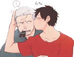  ! 2boys blush closed_eyes facial_hair kiss kissing_cheek male_focus mature_male monkey_d._luffy multiple_boys one_piece scar scar_on_face scar_on_forehead shirt short_hair smoker_(one_piece) sparse_stubble spoken_exclamation_mark stitches stubble surprise_kiss surprised t-shirt tsurime upper_body white_hair yamakazi47 yaoi 