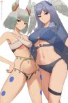  2girls alternate_costume bikini blue_eyes breasts closed_mouth curly_hair frown grey_hair hand_on_own_hip head_wings highres long_hair looking_at_viewer medium_breasts melia_antiqua multiple_girls navel nia_(xenoblade) short_hair simple_background smile swimsuit thigh_strap white_background wings xenoblade_chronicles_(series) xenoblade_chronicles_3 yellow_eyes zelc-face 