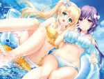  2girls absurdres bikini blonde_hair blue_bow blue_sky bow breasts closed_mouth cloud copyright_name day feet_out_of_frame green_eyes hair_between_eyes hair_bow hair_ornament hairclip highres incredibly_absurdres innertube key_(company) long_hair medium_breasts mizuori_shizuku multiple_girls nagayama_yuunon navel ocean official_art open_mouth outdoors purple_eyes purple_hair sky small_breasts smile summer_pockets swim_ring swimsuit thighs toes tsumugi_wenders underboob v wet x_hair_ornament yellow_bikini 