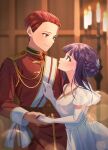  1boy 1girl aristocratic_clothes blurry blurry_background coat depth_of_field dress elbow_gloves epaulettes fern_(sousou_no_frieren) gloves hand_on_another&#039;s_waist highres holding_hands indoors long_hair looking_at_another military_uniform purple_eyes purple_hair red_coat red_eyes red_hair short_hair sousou_no_frieren stark_(sousou_no_frieren) togetoge04 uniform updo upper_body white_dress white_gloves 