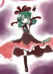  black_legwear dress frills front_ponytail green_eyes green_hair kagiyama_hina kneehighs leg_up looking_at_viewer puffy_short_sleeves puffy_sleeves red_dress sasane shawl short_hair short_sleeves solo standing standing_on_one_leg touhou 