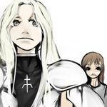  armor blonde_hair brown_hair clare_(claymore) claymore closed_mouth frown green_eyes multiple_girls shoulder_pads simple_background teresa_(claymore) turtleneck upper_body white_background yamawaku 
