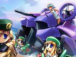  blue_eyes character_request ein_(long_cake) gadget_trial green hat hisoka_(gadget_trial) mecha_musume multiple_girls nei_(gadget_trial) water 