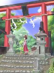  absurdres broom cloud day hakurei_reimu highres ribbon rope shide shimenawa shrine shrine_bell sky solo stone_lantern takeoutservice torii touhou tree 