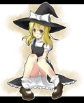  blonde_hair blush bow hat kirisame_marisa nekomushi panties pantyshot pantyshot_(sitting) sitting solo touhou underwear white_panties witch_hat yellow_eyes 