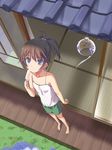  bad_id bad_pixiv_id barefoot blue_eyes brown_hair camisole flat_chest food from_above original ponytail popsicle shorts solo urichi veranda wind_chime 