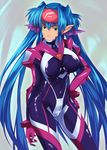  blue_hair bodysuit breasts green_eyes hand_on_hip klan_klein large_breasts long_hair macross macross_frontier meltrandi mizuki_makoto multicolored multicolored_bodysuit multicolored_clothes pink_bodysuit pointy_ears purple_bodysuit skin_tight solo very_long_hair zentradi 