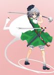  blue_eyes cigar dual_wielding ghost hitodama holding katana konpaku_youmu konpaku_youmu_(ghost) ribbon shikimi_kimitake short_hair silver_hair solo sword touhou weapon 