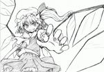  angry ascot collar crystal dress flandre_scarlet greyscale hat long_hair looking_at_viewer mob_cap monochrome one_side_up outstretched_arm sankaku_umako simple_background solo touhou white_background wings 