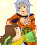  1girl :d bare_shoulders blue_eyes braid brown_eyes brown_hair detached_sleeves freyjadour_falenas gensou_suikoden gensou_suikoden_v hair_over_shoulder headband height_difference long_hair long_sleeves lowres lymsleia_falenas megimegi open_mouth sash silver_hair simple_background single_braid smile tabard yellow_background 