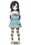  arms_behind_back black_eyes black_hair child full_body kawata_hisashi kuhouin_murasaki kure-nai long_hair simple_background skirt socks solo standing striped white_background 