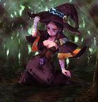  @_@ black_hair breasts cleavage crazy_eyes doctor_magus dress forest hat hat_tug kara_(color) kneeling large_breasts long_hair nature sekaiju_no_meikyuu solo witch_hat 