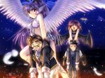  2girls angel angel_wings carrying choker closed_eyes demon_girl facial_hair facial_mark feathers flying forehead_mark game_cg head_wings kity_saifuon long_hair lucy_fouque men_at_work!_2 midriff multiple_boys multiple_girls mustache night non-web_source pink_hair ponytail purple_hair red_eyes short_hair sky very_long_hair wings yamamoto_kazue 