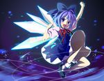  :d arms_up bad_id bad_pixiv_id bloomers blue_eyes blue_hair bow cirno fang full_body hair_bow looking_at_viewer mary_janes open_mouth outstretched_arm ribbon shoes short_hair smile socks solo touhou underwear white_legwear wings zekkyou_(h9s9) 