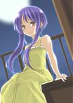  arms_at_sides backlighting bangs bare_arms bare_shoulders blue_hair brown_eyes closed_mouth collarbone dress dutch_angle flat_chest frilled_dress frills hane_(hanegoya) looking_at_viewer memories_off minami_tsubame moon moonlight night night_sky railing shiny shiny_hair short_hair_with_long_locks sidelocks sitting sky sleeveless smile solo yellow_dress 