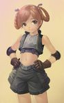  black_eyes dwarf dwarf_(lineage_2) flat_chest gloves kanzeon lineage lineage_2 midriff orange_hair short_hair shorts sleeveless smile solo 