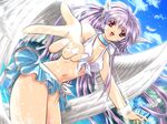  :d angel angel_wings bikini breasts choker cleavage day dutch_angle feathers frilled_bikini frills game_cg long_hair lucy_fouque medium_breasts men_at_work!_2 non-web_source open_mouth pink_eyes purple_eyes smile solo splashing swimsuit very_long_hair water wings yamamoto_kazue 