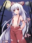  albino bangs blush breasts fujiwara_no_mokou hair_ribbon long_hair moon naked_suspenders pants red_eyes revealing_clothes ribbon small_breasts solo suspenders tomusooya topless touhou white_hair 