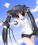  black_hair bow cloud day gloves gym_uniform kooh long_hair paco pangya red_eyes sky solo twintails 