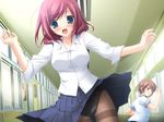  1girl blue_eyes blush chikotam game_cg panties panties_under_pantyhose pantyhose pantyshot pink_hair school_uniform skirt skirt_lift thighband_pantyhose trouble_twins_-my_sweet_brothers- underwear uozumi_noriko 