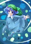  :d backpack bag blue_dress blue_eyes blue_hair collar dress from_above full_body hair_bobbles hair_ornament kawashiro_nitori long_sleeves looking_at_viewer makino_(ukiuo) open_mouth pocket smile solo standing touhou two_side_up 